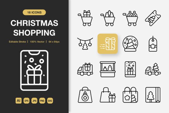 Christmas Shopping Outline Icons: Elevate Your Holiday Designs with Minimalist Visual Language