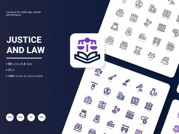 Elevate Digital Projects with the Justice and Law Icon Pack: 200 Stylish Icons for Modern Design