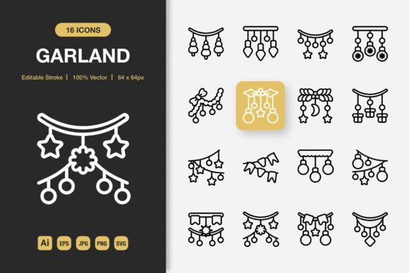 Garland Outline Icons: Editable Stroke, Minimalist Design