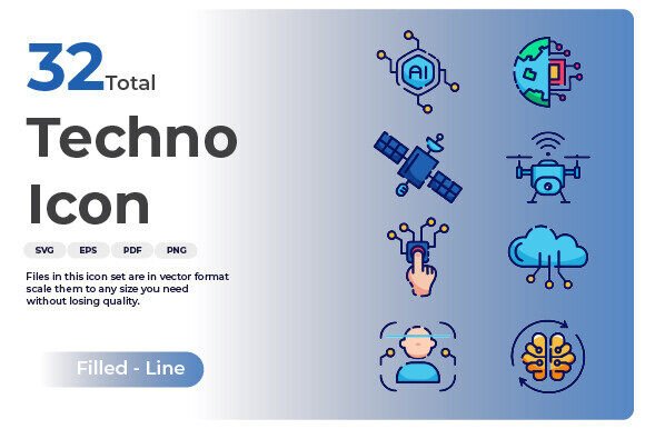 Technology Icon – Filled Line: 32 Premium Icons for Futuristic Design